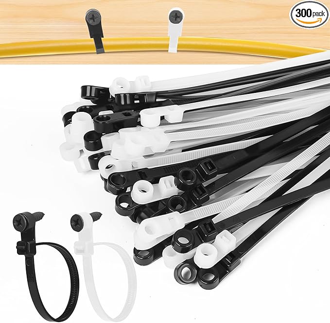300 Pack Zip Ties with Screw Holes 12” & 10” 90 lbs Mounting Cable Ties, Black & White for Secure Indoor Outdoor Organization, Wire Ties with Screw Hole for Garage, Garden, Cable Management