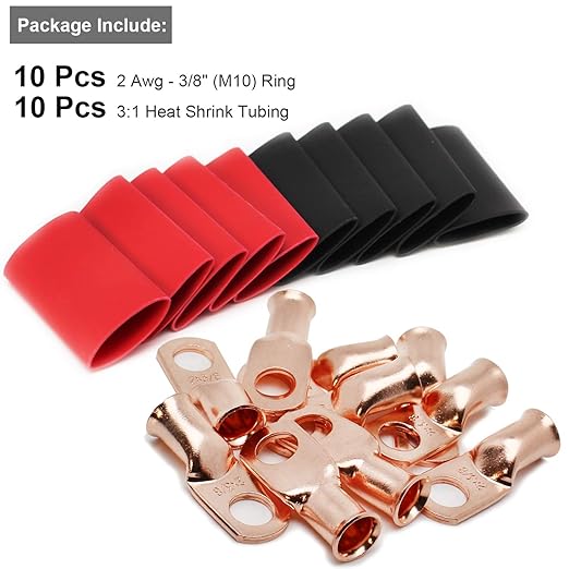 TKDMR 10pcs 2 AWG-3/8 Battery Lugs,Heavy Duty Wire Lugs,Ring Terminals,Battery Cable Ends,0 Guage terminals,Battery Terminal Connectors with 10pcs 3:1 Heat Shrink Tubing.