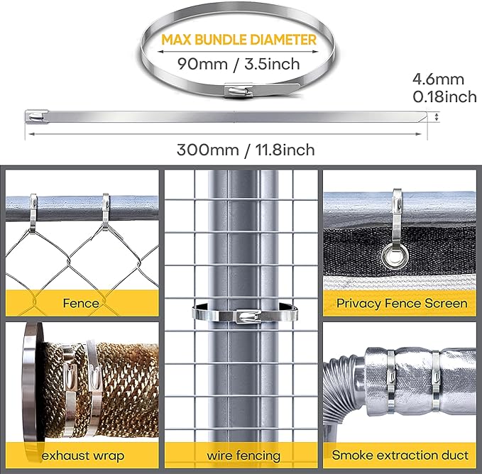 Heavy Duty Stainless Steel Zip Ties, 11.8 Inch 100 Pcs Uv Resistant Metal Cable Ties With Cutting Tool For Machinery, Chain Fence Parts, Barbed Wire Rolls, Outdoor Poultry Fence Repairs, Etc.
