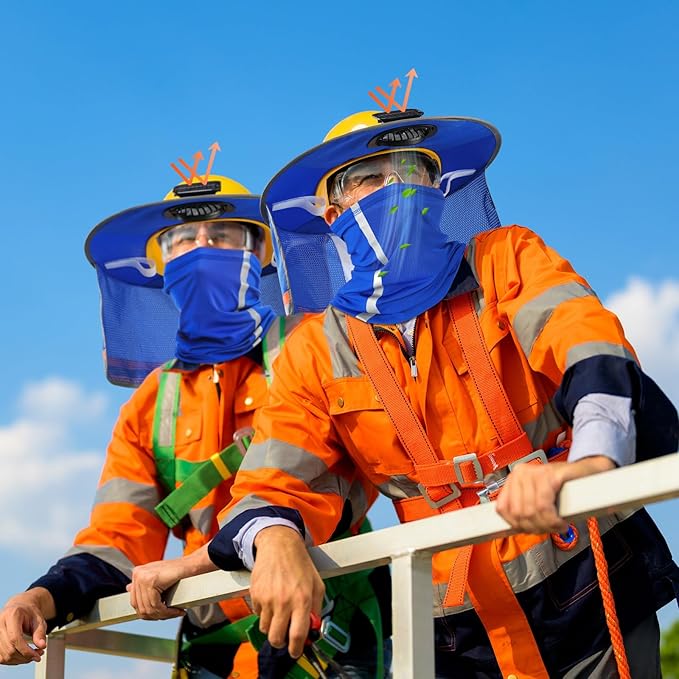 1 Set Sun Hard Hat with Solar Fan Shade Full Brim Hard Hat and Neck Sunshade Cover High Visibility Full Brim Mesh with Reflective Strip for Outdoor Summer Protection