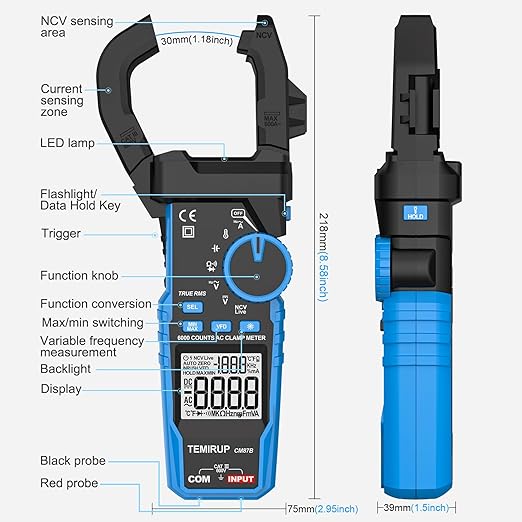 Digital Clamp Meter Multimeter - TEMIRUP Auto-ranging 6000 Counts Amp Voltage Tester with D-Shaped Jaw VFD Mode, Measuring NCV, AC/DC Voltage AC Current Temperature Capacitance Resistance Continuity