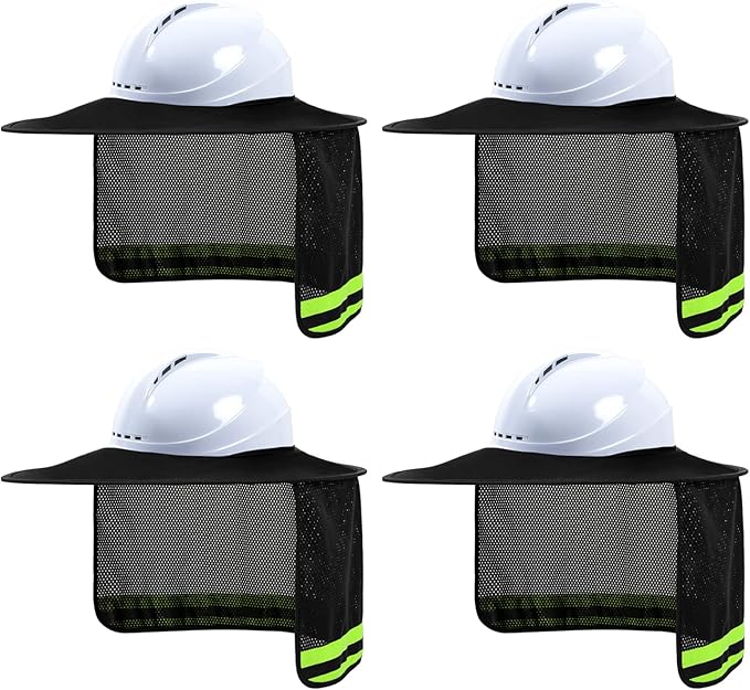 Hard Hat Sun Shade, High Visibility Sun Visor Neck Shade with Reflective Strip, Hard Hat Accessories, Full Brim, Man& Woman (Hard Hat Not Included), Black, 4 Pack