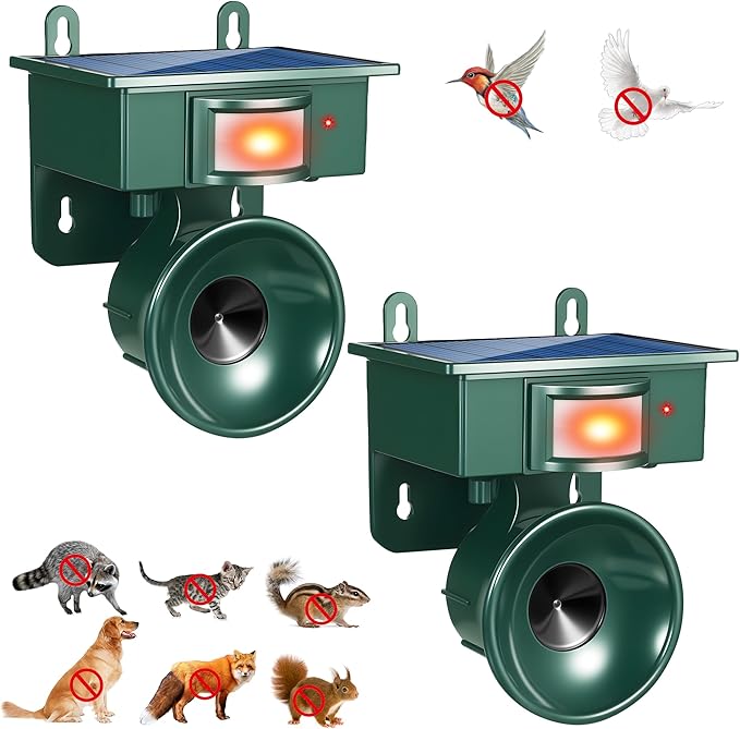 Solar Ultrasonic Bird Repellent Woodpecker Deterrent Animal Repellent Outdoor with Motion Sensor Bird Deterrent to Keep Birds Pigeon Goose Animal Away from Patio Farm Yard Balcony,2 Pack