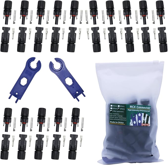 Premium Solar Panel MC-4 Connectors, 30PCS, with 1 Pair Spanner, Reliable IP67 Waterproof Solar Connectors, 15 Pair Designed for Solar Panels