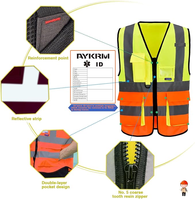 A-SAFETY Industrial Safety Vest, Hi Vis 9 Pockets High Visibility Zipper Front Reflective Safety Vest, Orange&Yellow Color Mixed, XL