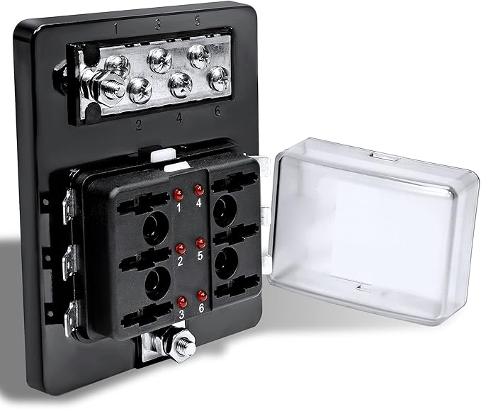 True Mods 6 Way Blade Fuse Box with Ground Negative Bus bar for Automotive [ATC/ATO Blade Fuses] [100 Amp] [LED] [Protection Cover] [12V - 30V DC] Auto Marine Ground Fuse Block