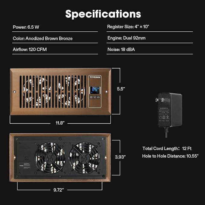 VIVOSUN Quiet Register Booster Fan 4”×10”, Smart Register Vent with Intelligent Thermostat Control, Cooling Heating AC Vent Booster Fan, Brown