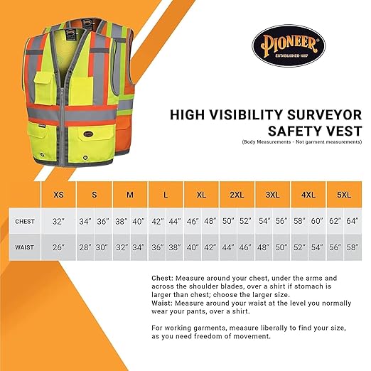 Pioneer Safety Vest for Men – Hi Vis Reflective Neon, Cool Mesh Back Panel, 12 Pockets, Zipper for Surveyor Work – Orange, Yellow/Green