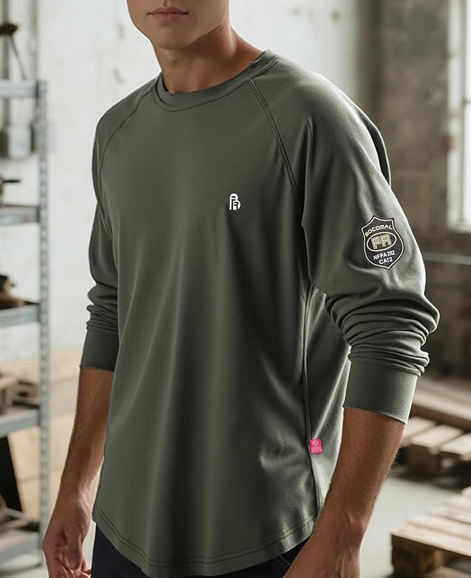BOCOMAL FR Shirt 7oz Heavyweight Flame Resistant Shirts for Men Fire Retardant Long Sleeve Crew Work Shirts CAT2