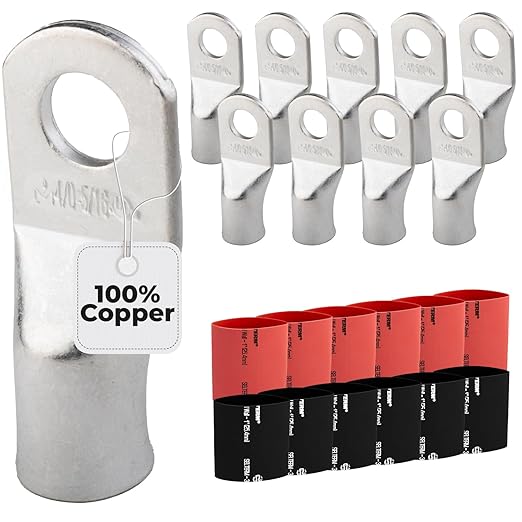 SELTERM 10pcs - 4/0 Awg - 5/16" Stud - Battery Lugs - Ring Terminal Connectors with 12pcs 3:1 Black & Red Heat Shrink Tubing with Adhesive | Heavy Duty Battery Cable Ends - Tinned Copper Wire Lugs Kit