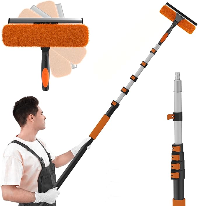 30FT Reach 2-in-1 Window Squeegee, Professional Window Washing Kit with 5-24FT Extension Pole for Home, Indoor Outdoor Squeegee with Rotatable Head for High Windows
