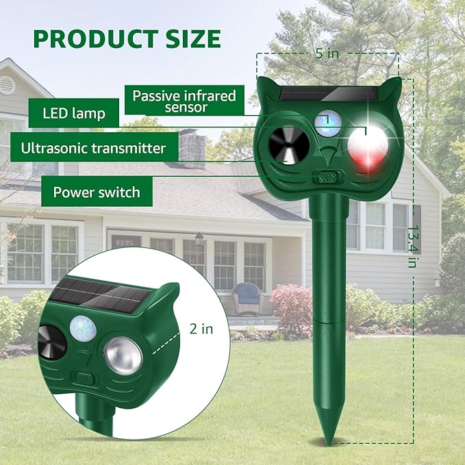 Solar Ultrasonic Animal Repellent Outdoor Motion Sensor Deer Repellent Devices Squirrel Cat Raccoon Rabbit Deterrent with Strobe Light Dual Mode, Keep Skunk Away Protection for Yard Garden Lawn 1PC