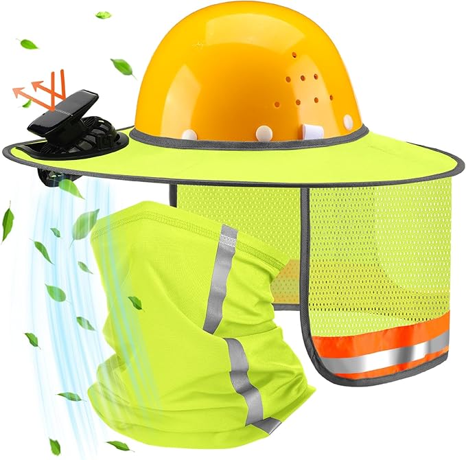 1 Set Sun Hard Hat with Solar Fan Shade Full Brim Hard Hat and Neck Sunshade Cover High Visibility Full Brim Mesh with Reflective Strip for Outdoor Summer Protection