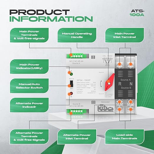 Automatic Transfer Switch 100A AC 220V, Dual Power ATS 2P Automatic/Manual Transfer Switch din Rail mounting for Home Generator, RV，Public/Backup Power Supply