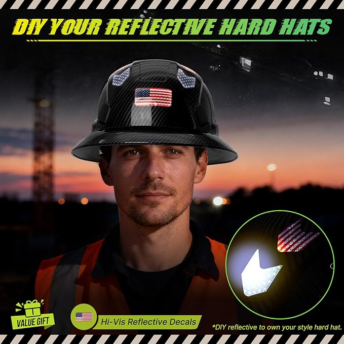 Carbon Fiber Pattern Full Brim Hard Hat with Visor-OSHA Approved Construction Safety Helmet for Men Women,ANSI Z89.1 Vented Reflective Hardhat with Hard Hat Chin Strap,6-Point Suspension
