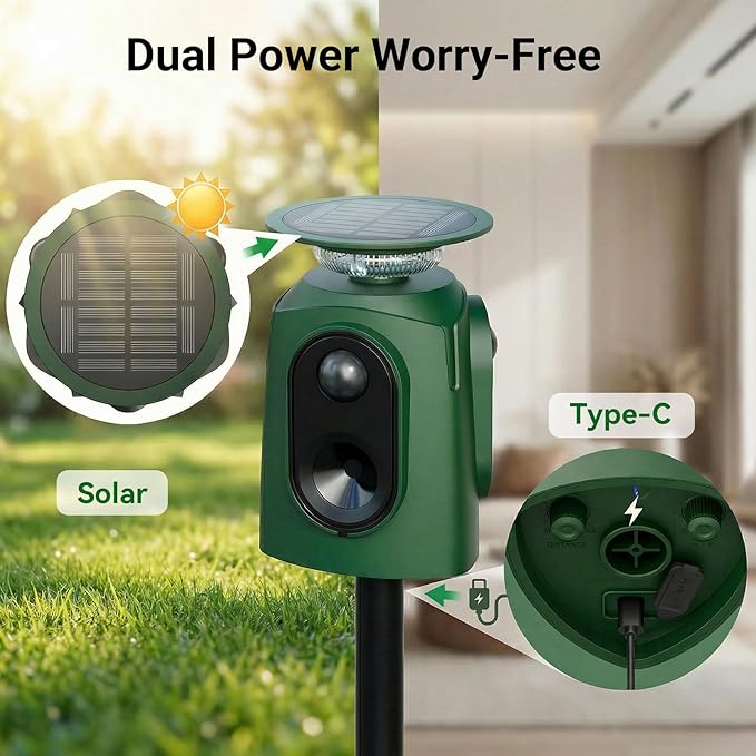 Cat Repellent Outdoor Solar Powered Ultrasonic Deer Repellent 360 Degree Animal Deterrent Squirrel Repeller with Flashing Light Outdoor Skunk Repellent Waterproof Yard Lawn Orchard Garden