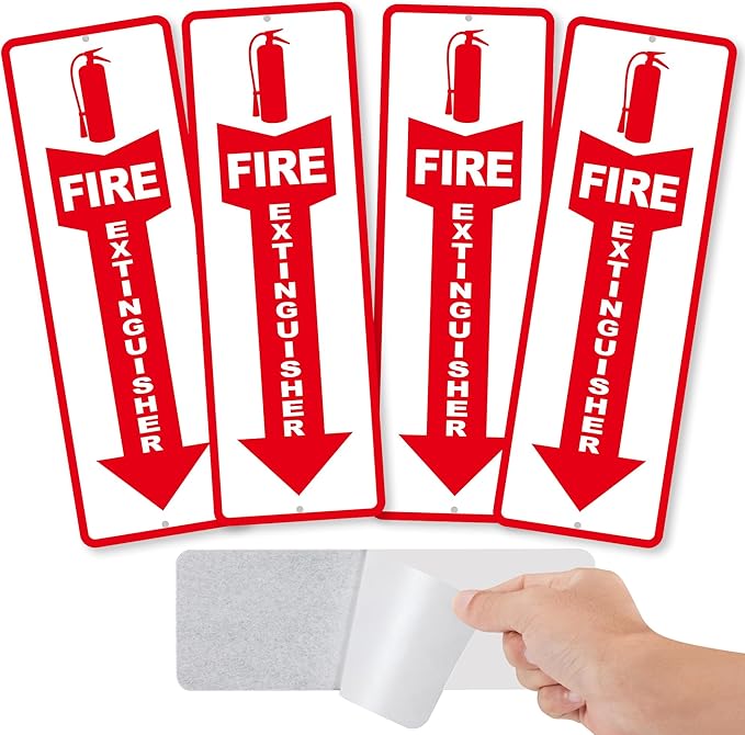 (4 Pack) Fire Extinguisher Signs – Strong Self Adhesive Fire Extinguisher Sign for Business, 12x4 Inch Aluminum Fire Extinguisher Signs Weather Resistant and Easy to Install (White)