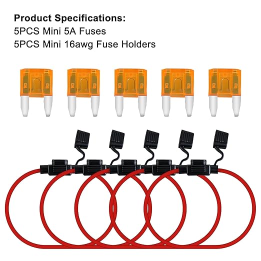 MuHize Inline Fuse Holder, 5 Pack 16 AWG Mini Fuse Holders with 5A ATM Mini Blade Fuses, Waterproof Blade Fuses Holder for Automotive Marine