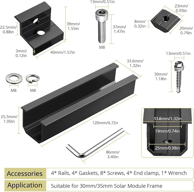 Anbte Solar Panel Mounting Kit for Single Panel, 4 Pcs 4.72in Mounting Rail & End Clamps, Solar Panel Mounting Brackets for RV Roof, Metal Roof, Tin Roof, Corrugated Roof, Sheet Roof, Black