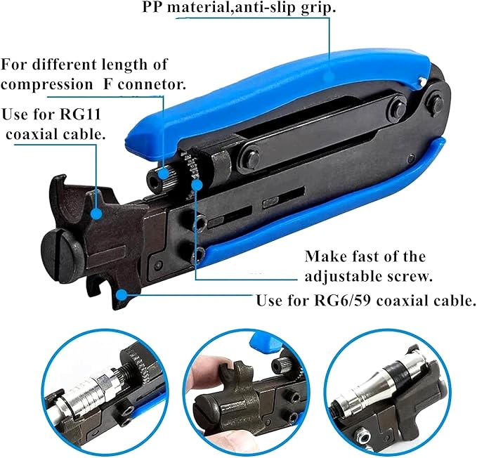 Coax Cable Crimper Kit, Coaxial Compression Tool Adjustable RG6 RG59 RG11 75-5 75-7 Coaxial Cable Stripper with 20PCS RG6 Connectors, 10PCS Female to Female Connectors, 6PCS RG11 Connector