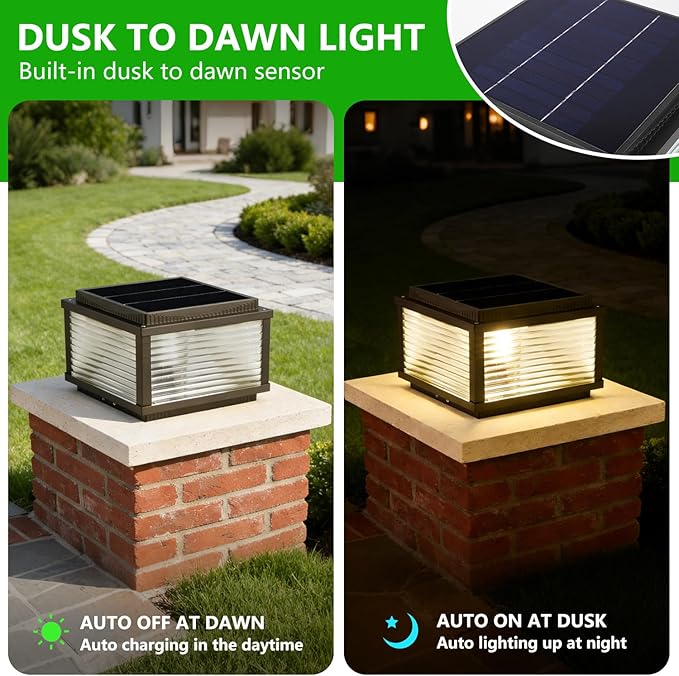 Outdoor Solar Column Lights Modern Tri Color Dimming Solar Post Cap Lights IP65 Waterproof Fence Deck Column Cap Light External Post Lights Aluminum Pillar Light Landscape Lighting Fixture