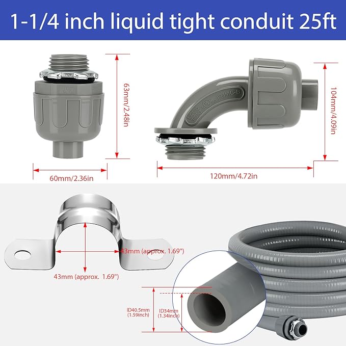 Liquid-Tight Conduit Connector Kit,Flexible Non Metallic Liquid Tight Electrical Conduit Kit,Waterproof Outdoor Electrical Conduit Pipe,Straight/Angle Fittings,Clamps (1-1/4 in x 25 ft)
