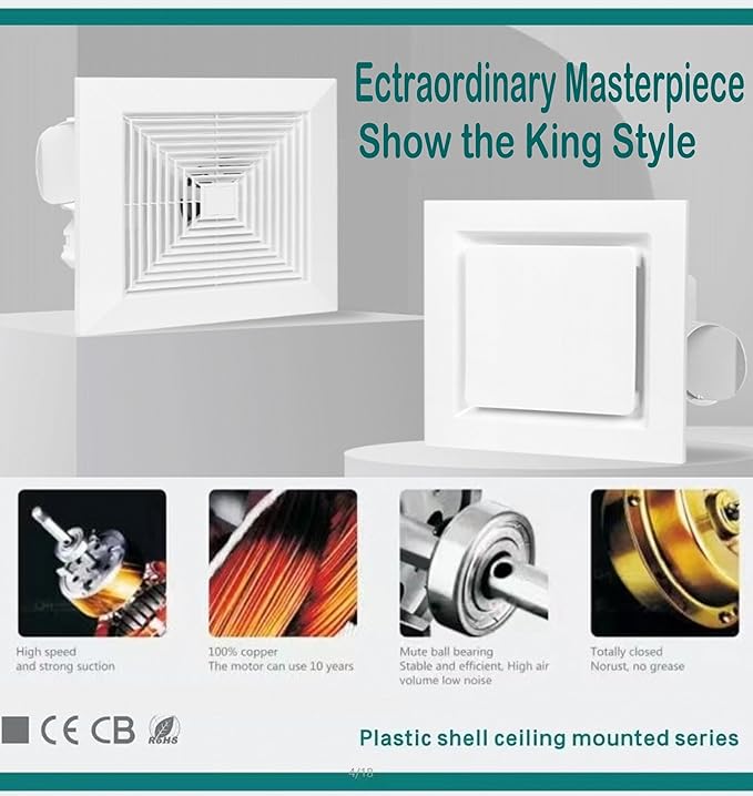 Bathroom Exhaust Fan without Light, Ceiling Mount Ventilation Fan bathroom extractor 110V bathroom fan for Kitchen 120CFM 1.2Sones (Square)
