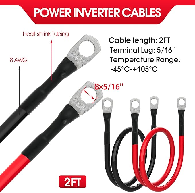 8 AWG Battery Cable 8 Gauge Power Inverter Cables with 5/16 Inch Lugs Both Ends for Solar Boat Marine RV Car 2 Pack (2FT)