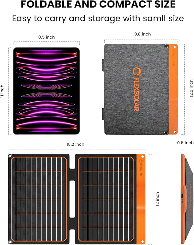 FlexSolar 20W Portable Solar Panel, High-Efficiency Monocrystalline PV Module Power Charger with Dual USB Ports for Phones, Tablets, Power Bank, Camera and Other Off-Grid Applications