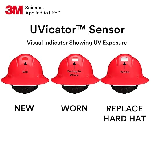 SecureFit 3M Hard Hat H-805SFR-UV, Red, Non-Vented Full Brim Style Safety Helmet with Uvicator Sensor, 4-Point Pressure Diffusion Ratchet Suspension, ANSI Z87.1