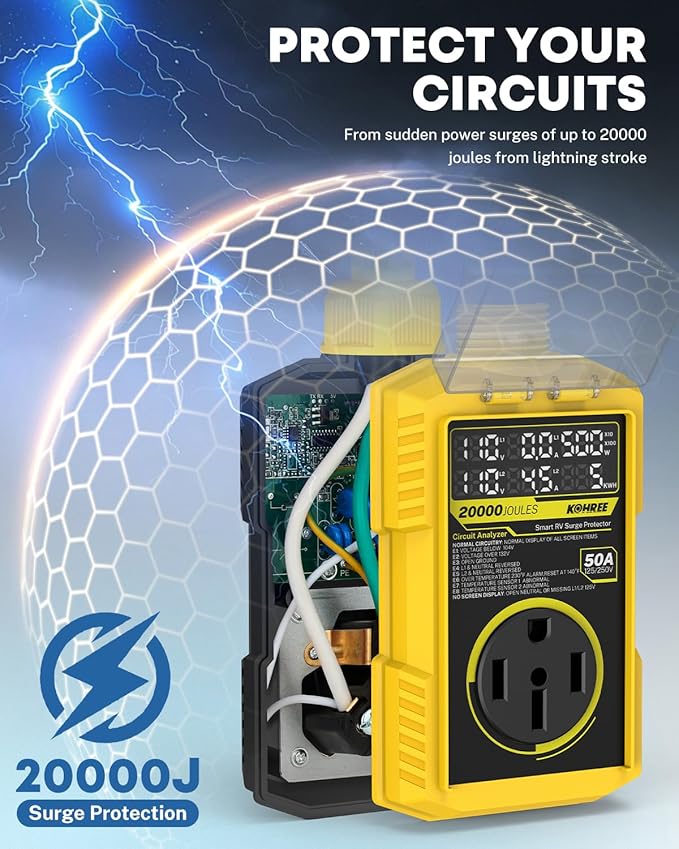 Kohree RV Surge Protector 50 Amp, 20000 Joules RV Power Surge Voltage Protection, RV Adapter Plug with Auto Shut Off LED Large Screen Real-Time Circuit Analyzer for Travel Trailers Camper-50A Yellow