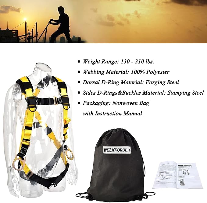 3D-Ring Industrial Fall Protection Safety Harness ANSI/ASSE Z359.11-2021 Compliant Full Body Personal Protection Equipment 5-Point Adjustment Universal 310 lbs