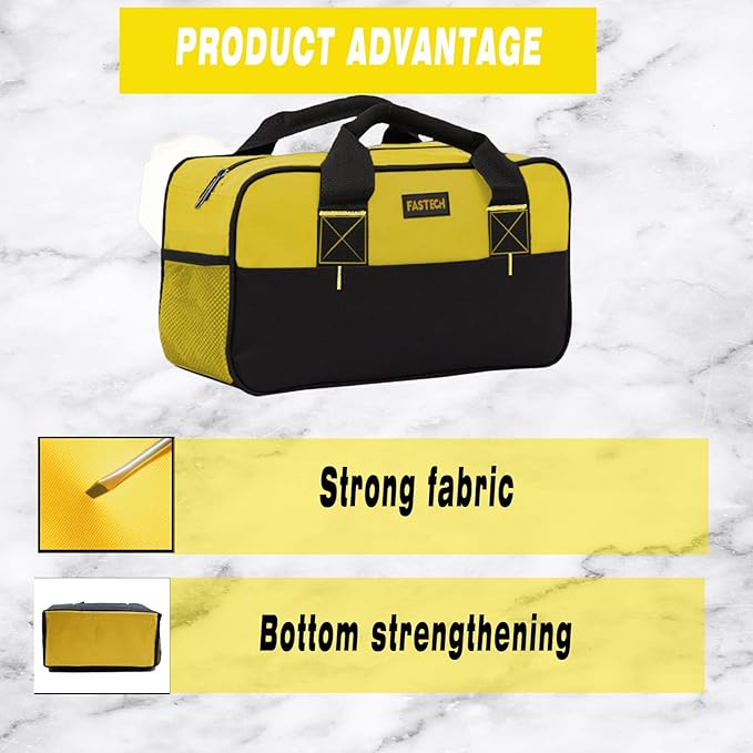 FASTECH 14 Inch Zipper Tool Bag, Small Wide Mouth Tool Tote Bag, Waterproof Tool Organizer Tote, Soft Handle Carrying Toolbag For Various Tools (Yellow)