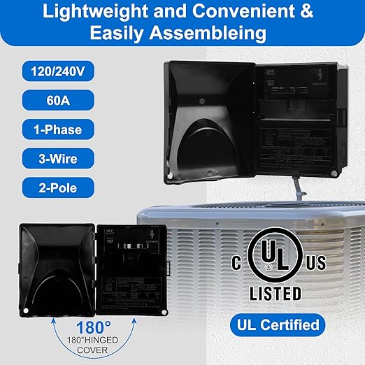 Wells 60 Amp AC Disconnect Box Outdoor Plastic, 120/240VAC Non-Fuse Pull Out Switch, Lightweight Waterproof Rust-Free Non-Conductive Housing for Home & Light Commercial Air Conditioning Units