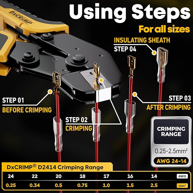 Crimping Tool Kit, 21-Type Open Spade & Quick-Disconnect Connector Set (2.8/3.9/4.8/6.3 mm) Non-Insulated Terminals with Wire Stripper, 24–14 AWG Ratcheting Crimper, for Auto, Appliance, DIY