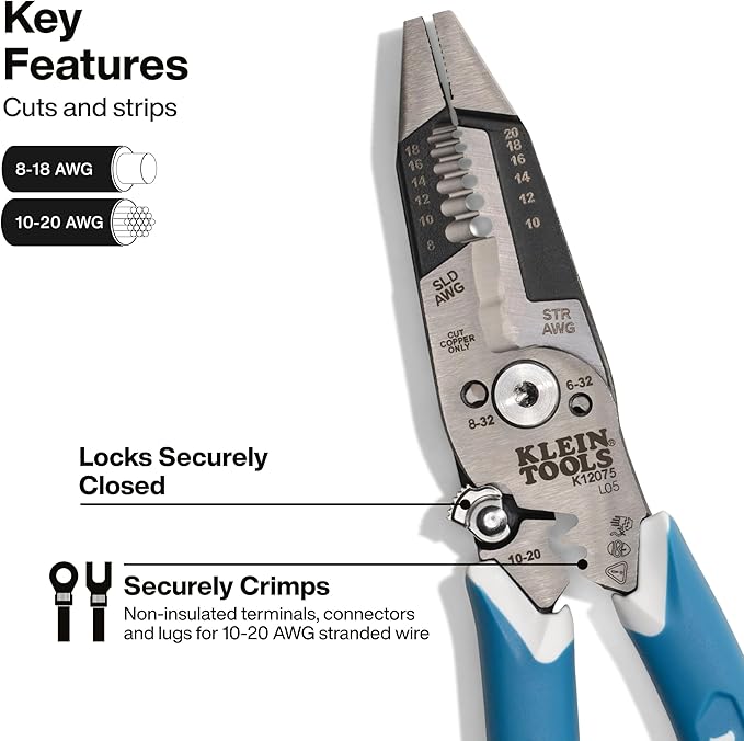 Klein Tools K12075 Heavy-Duty Wire Stripper, Slim-Forged Design, Self-Opening Wire Stripping Tool, Electrical Pliers with Shear Cutter, Cable Stripper Tool