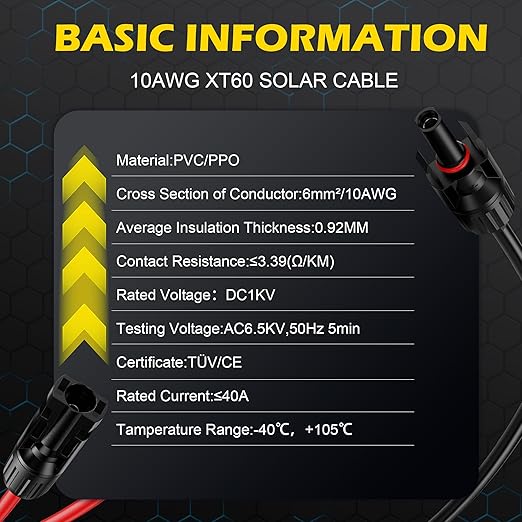 10AWG XT60 Solar Cable,10Ft-3M MCfour to XT60 Solar Cable with XT60 Adapter XT60 Connector for Portable Power Station(Red and Black).