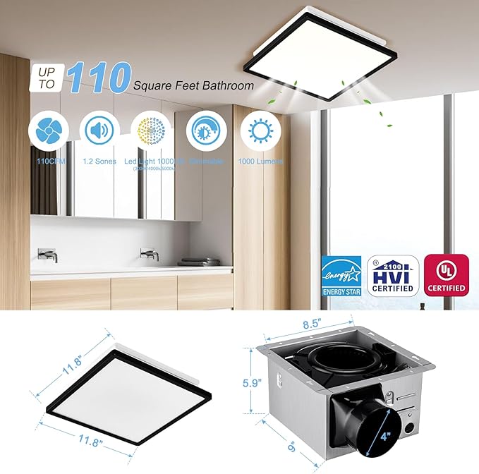 Tech Drive Bathroom Exhaust Fan with Light,110 CFM,1000lm Dimmable 5CCT LED Light with Night Light Selectable, Quiet Ventilation Fan,Energy Star Bath Fan, Decorative Black Trim, Easy to Install