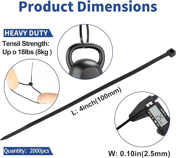 2000pcs Cable Ties, 18lbs Zip Ties, 4 inch Black Multi-Purpose Self-Locking Nylon Small Cable Management, UV Resistant Wire Ties, Plastic Ties for Home, Garage, Garden, Office, Workshop