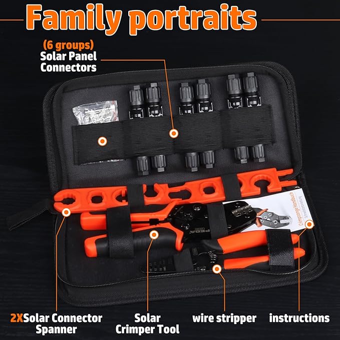 PEBA Crimping Tool Kit, Solar Crimper for AWG 16-10 Solar Panel Cable Wire, with 6 Pairs Solar connectors, Solar Wire Stripper and 1 Pair Solar Connector Spanner Wrench - Ratchet Crimp Tool Set