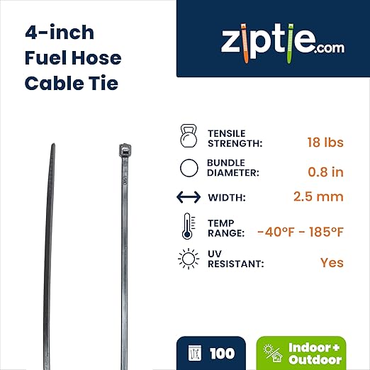 ZipTie.com 4-inch UV Resistant Black Fuel Hose Zip Tie, 18-lb Tensile Strength, 100-Pack