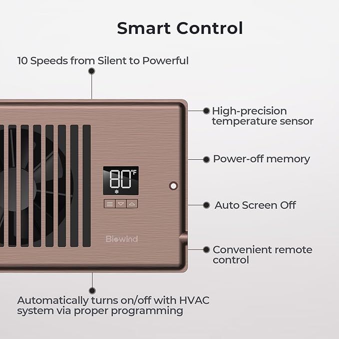 Quiet Register Booster Fan Fits 4" x 12" Register Holes, 10-Speed Smart Heating Cooling AC Vent Fan with Remote Control and Thermostat Control - Bronze