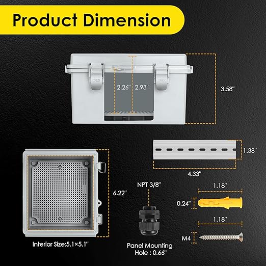 Waterproof Electrical Junction Box, IP67 Plastic Weatherproof Electrical Enclosure with Mounting Plate, Wall Brackets, for WiFi Electronics Project (5.9"x5.9"x3.5")