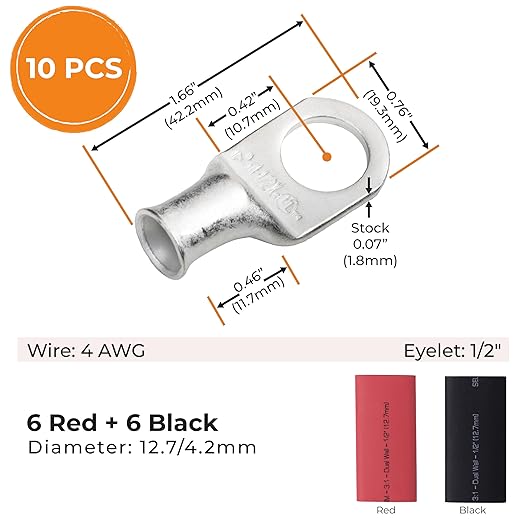 SELTERM 10pcs - 4 Awg - 1/2" Stud - Battery Lugs - Ring Terminal Connectors | with 12pcs 3:1 Black & Red Heat Shrink Tubing with Adhesive | Heavy Duty Battery Cable Ends - Tinned Copper Wire Lugs Kit