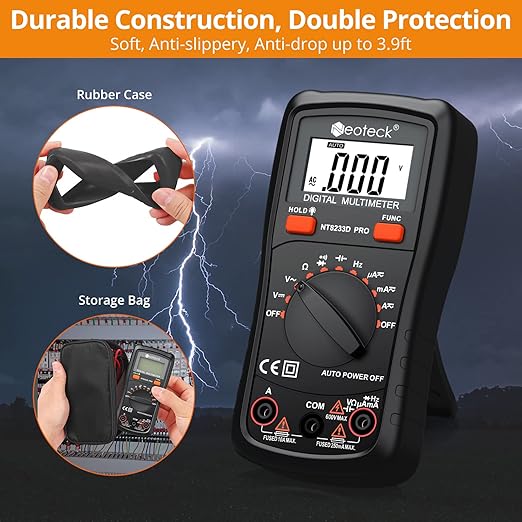 Neoteck Auto Ranging Digital Multimeter, AC/DC Amp Ohm Voltage Tester Meter with Resistance Continuity Capacitance and Diode Test- Black