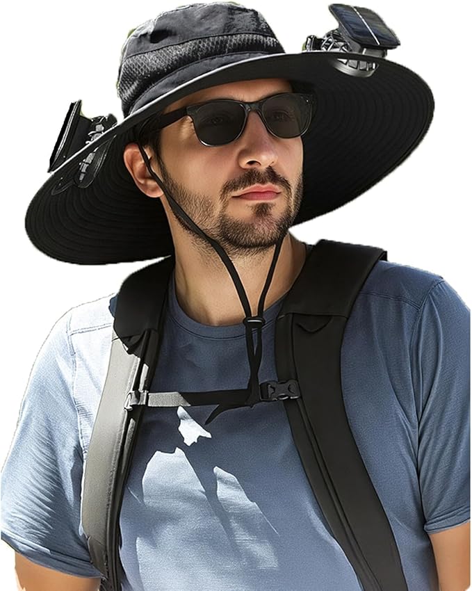 Solar Fan Hat with Dual Fans – Solar Powered Wide Brim Hat with Removable Fans for Outdoor Activities | USB & Solar Charging | Ideal for Fishing, Hiking, Gardening, and Outdoor Sports Black