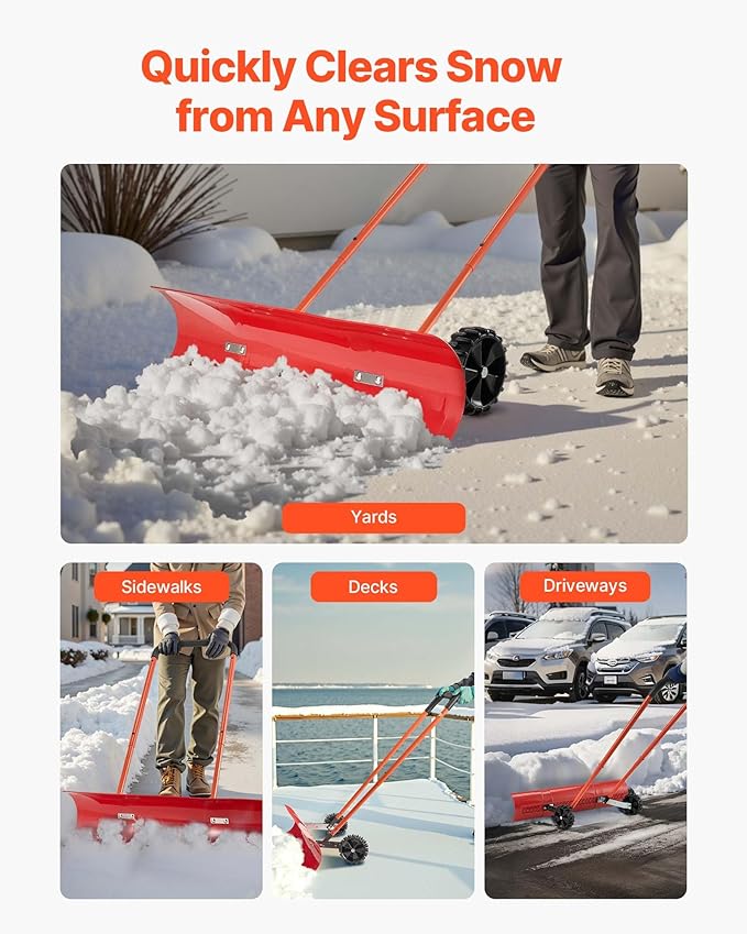 VEVOR 38-inch Snow Pusher Shovel with Wheels, Bi-Directional Heavy Duty Wheeled Push Snow Shovel for Driveway and Sidewalks with Angeled Blade