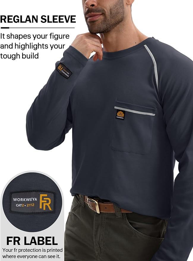 WORKWEYA FR Shirts Flame Resistant Shirt 6.5oz Men's NFPA 2112/CAT2 Long Sleeve Shirt