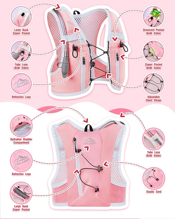 Kids Hydration Backpack with Water Bladder, USA Original Patent, Adjustable Reflective Running Vest with 8 Pockets, Lightweight Kids Hiking Backpack for Boys & Girls