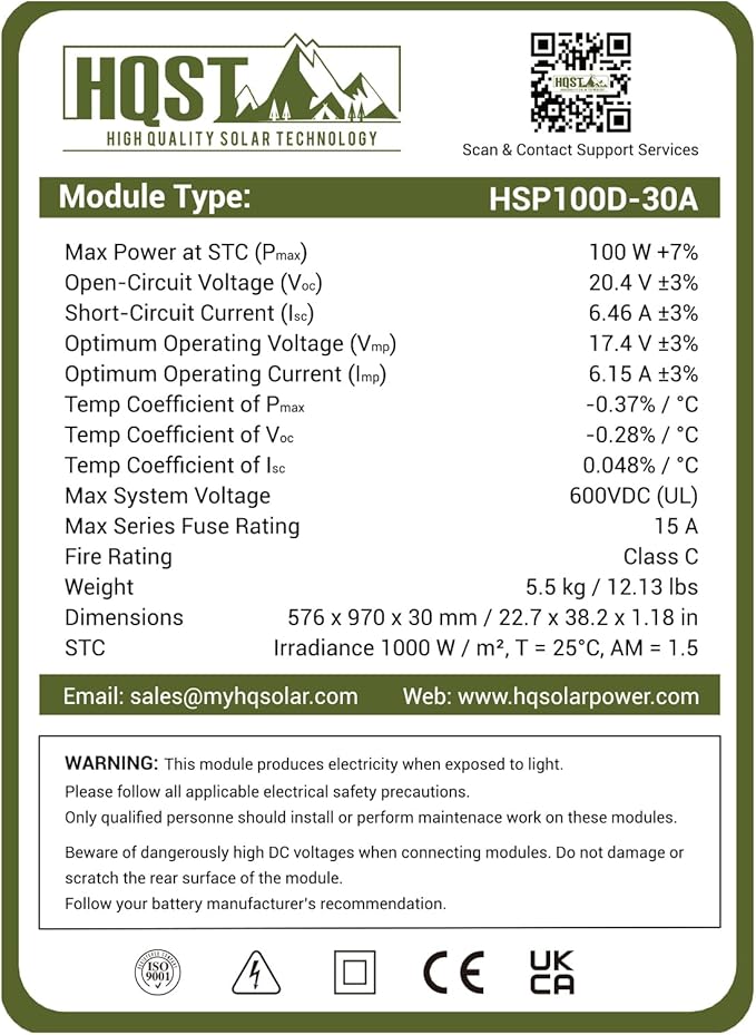HQST 100W 12V Monocrystalline Solar Panel with Solar Connectors, High Efficiency Module PV Power for Battery Charging Boat, Caravan, RV and Any Other Off Grid Applications